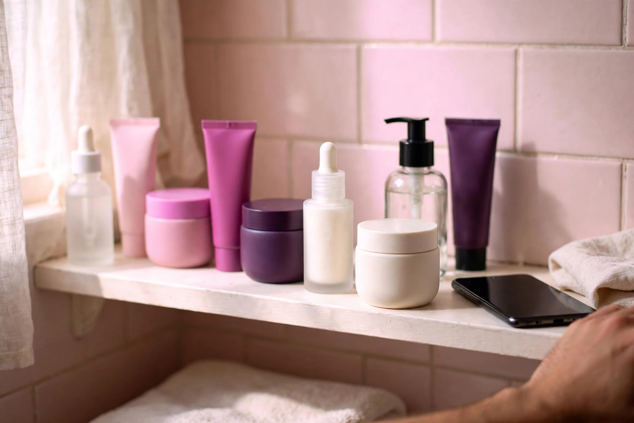 A bathroom shelf of serums, tubes and jars